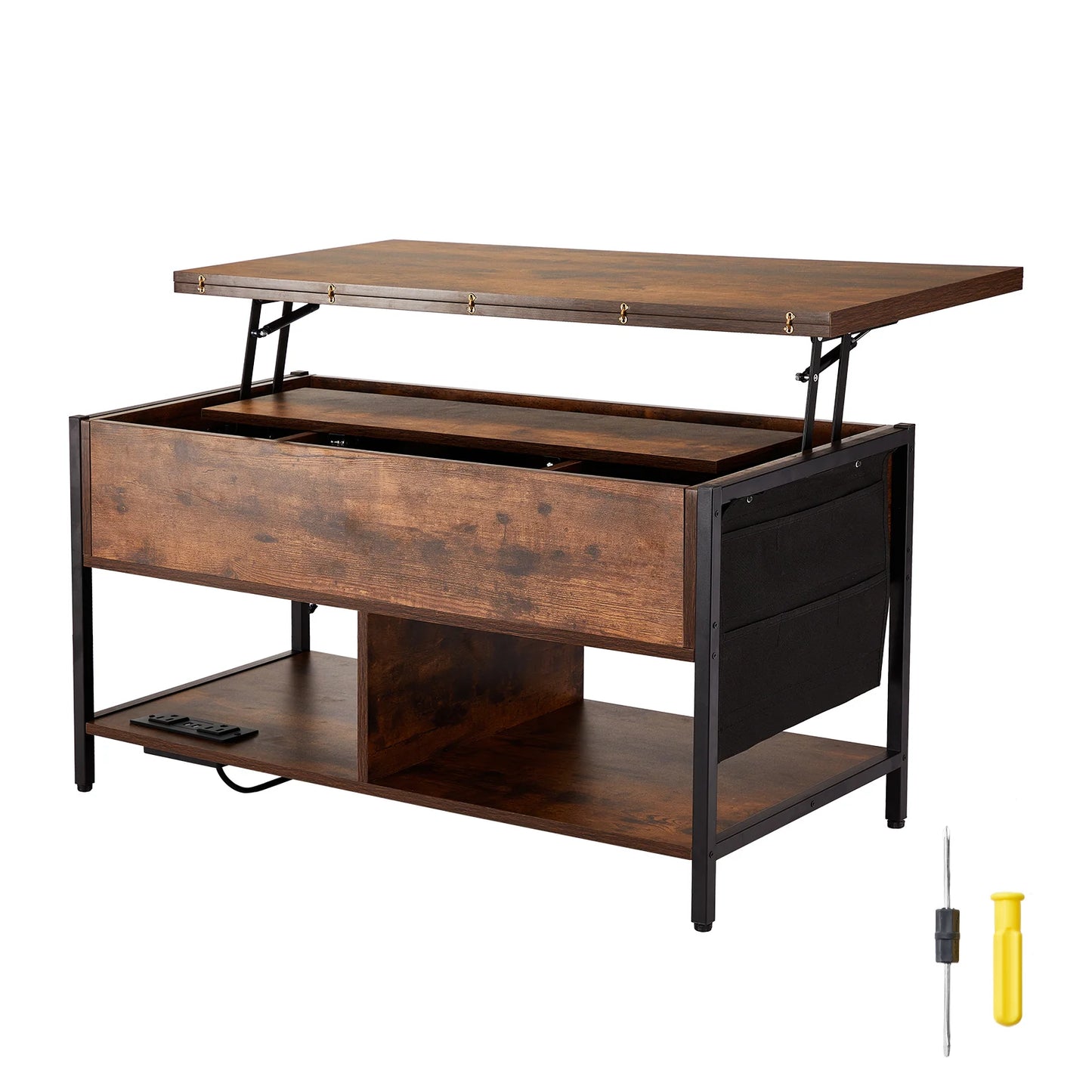 Lift Top Coffee Table, 39.4 in Rectangle Coffee Table with Extra Storage Pockets, Flipable Coffee Table with Power Strip & USB & Ambient Lighting for Living Room, Brown