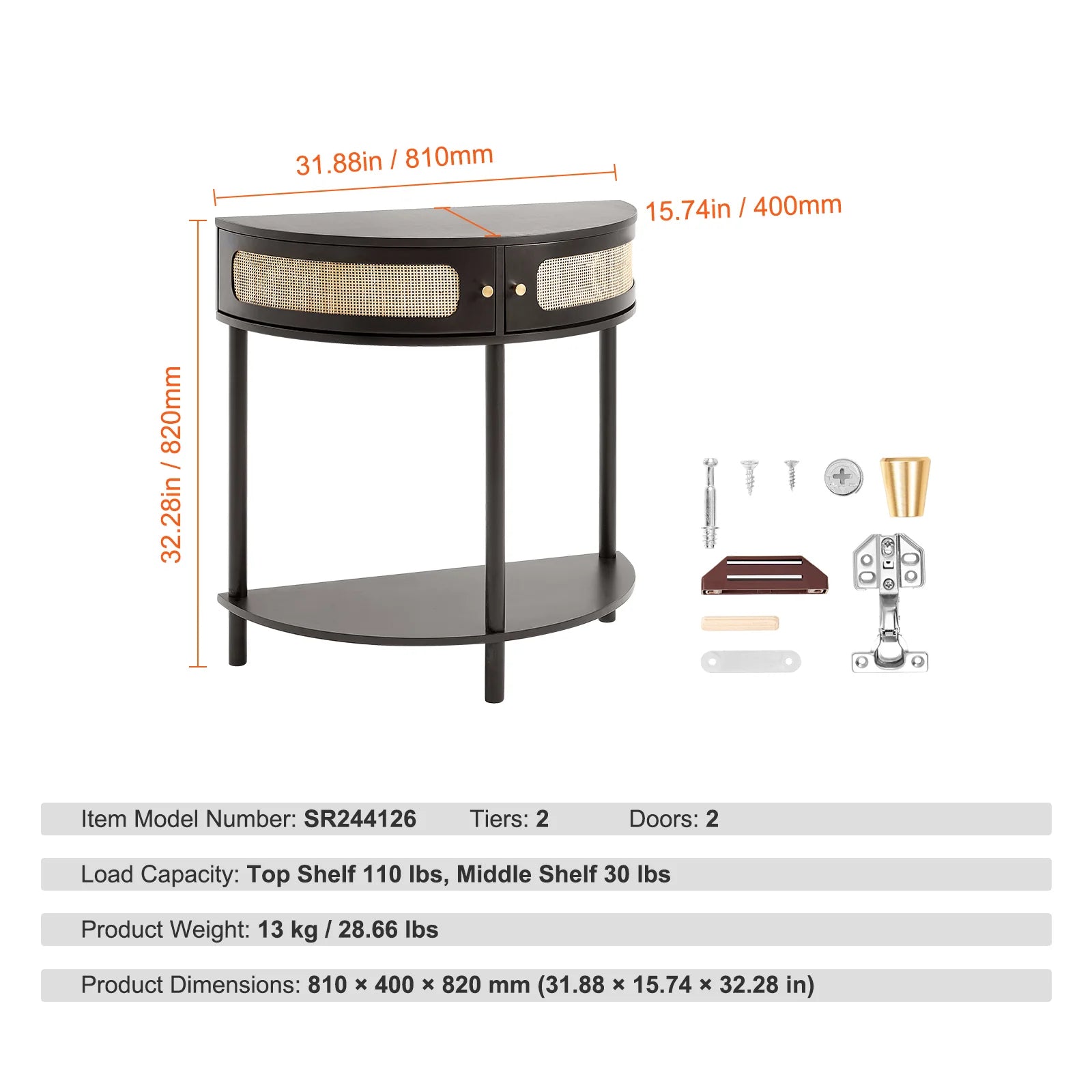 Half-Moon Rattan Console Table with 2 Drawers, Rattan Entryway Table with Natural Rattan Sliding Door, Console Table with Storage for Living Room, Study, Entryway or TV Wall, Black