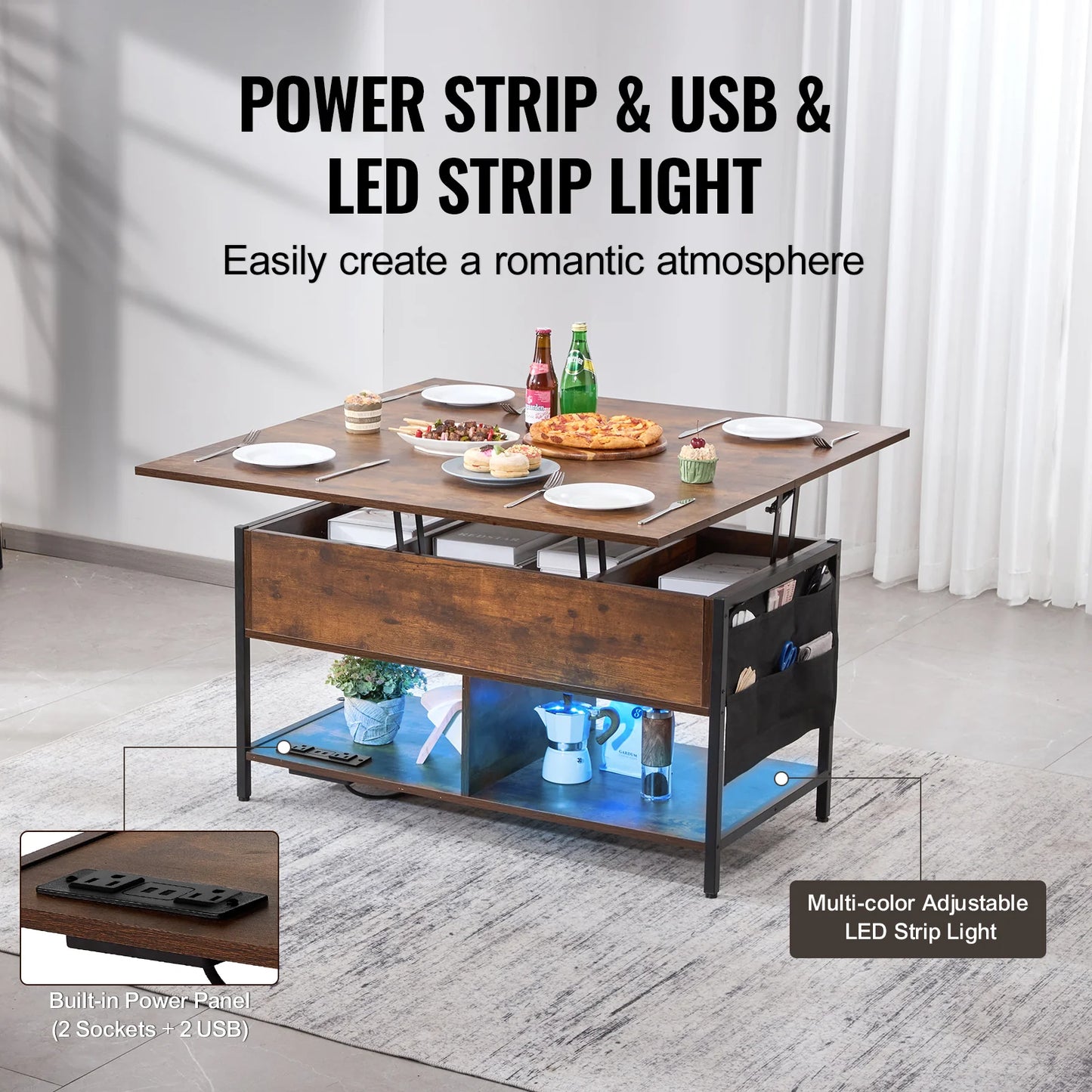Lift Top Coffee Table, 39.4 in Rectangle Coffee Table with Extra Storage Pockets, Flipable Coffee Table with Power Strip & USB & Ambient Lighting for Living Room, Brown