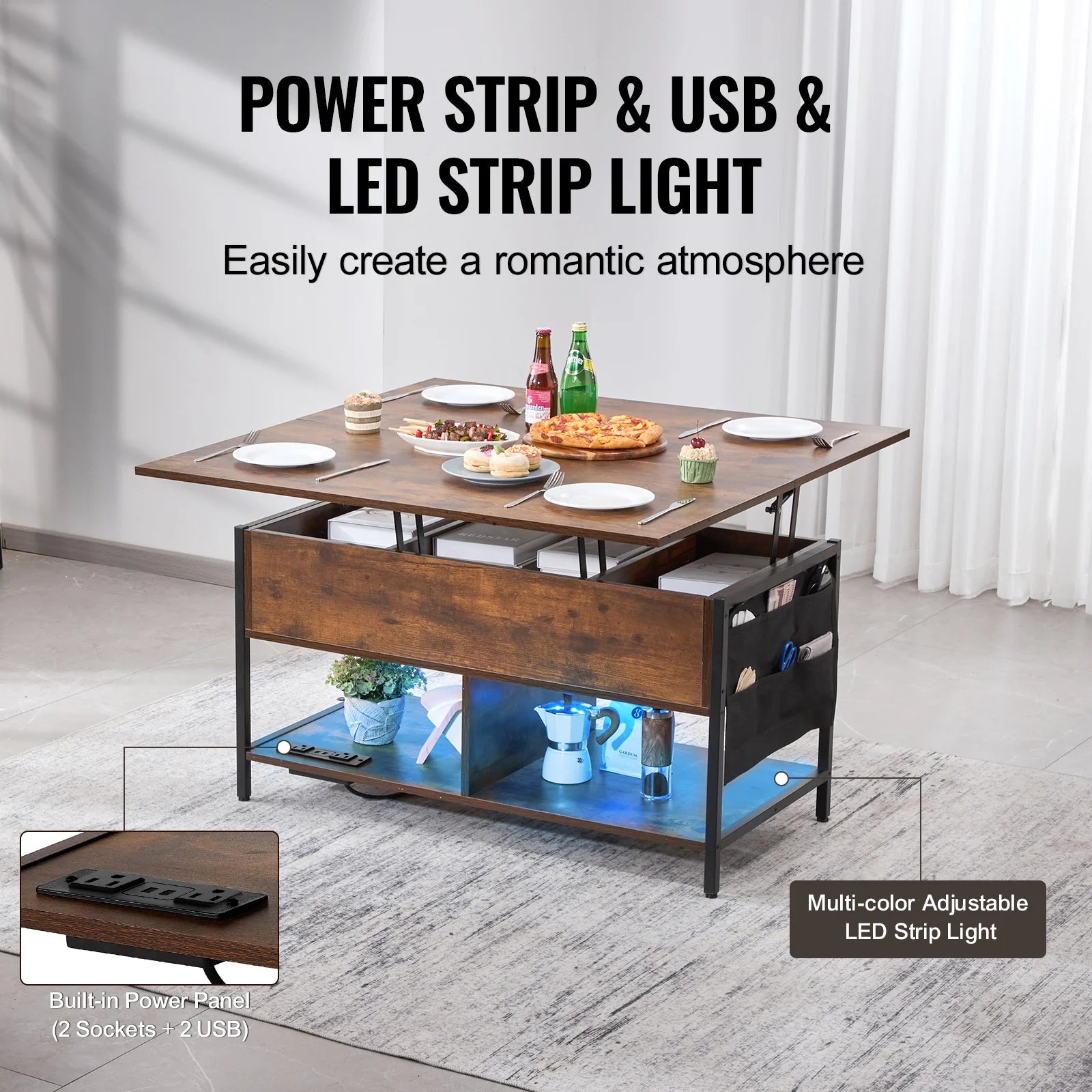 Lift Top Coffee Table, 39.4 in Rectangle Coffee Table with Extra Storage Pockets, Flipable Coffee Table with Power Strip & USB & Ambient Lighting for Living Room, Brown