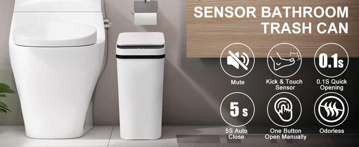 2 Pack 12L Bathroom Automatic Trash Cans Touchless Motion Sensor Slim with Lid for Bathroom Bedroom Living Room Office White