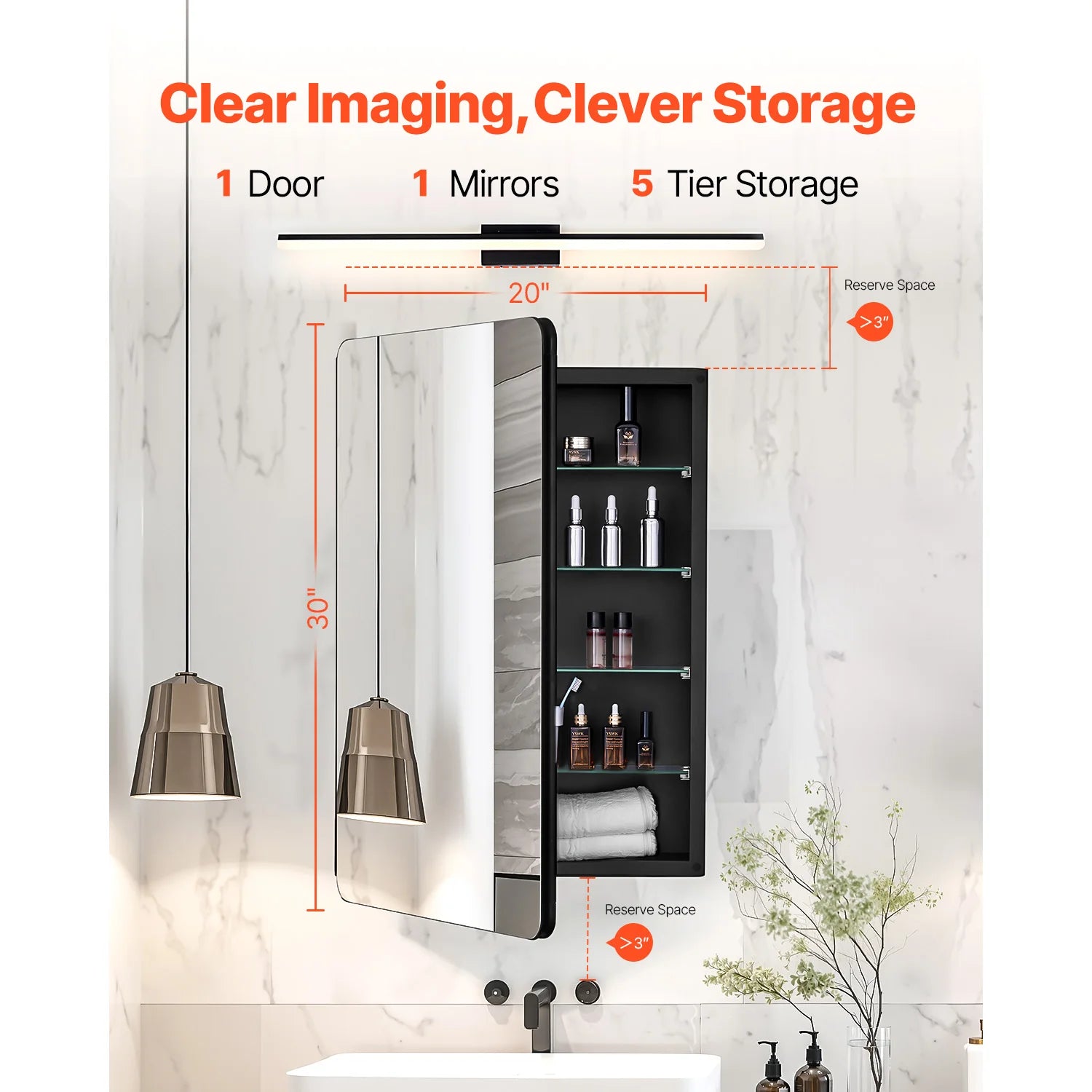 Medicine Cabinet, 20 X 30 Inch, Medicine Cabinet for Bathroom with Mirror, Aluminum Frame Bathroom Wall Cabinet, 4-Layer Adjustable Shelves, Recessed & Wall-Mounted Installation