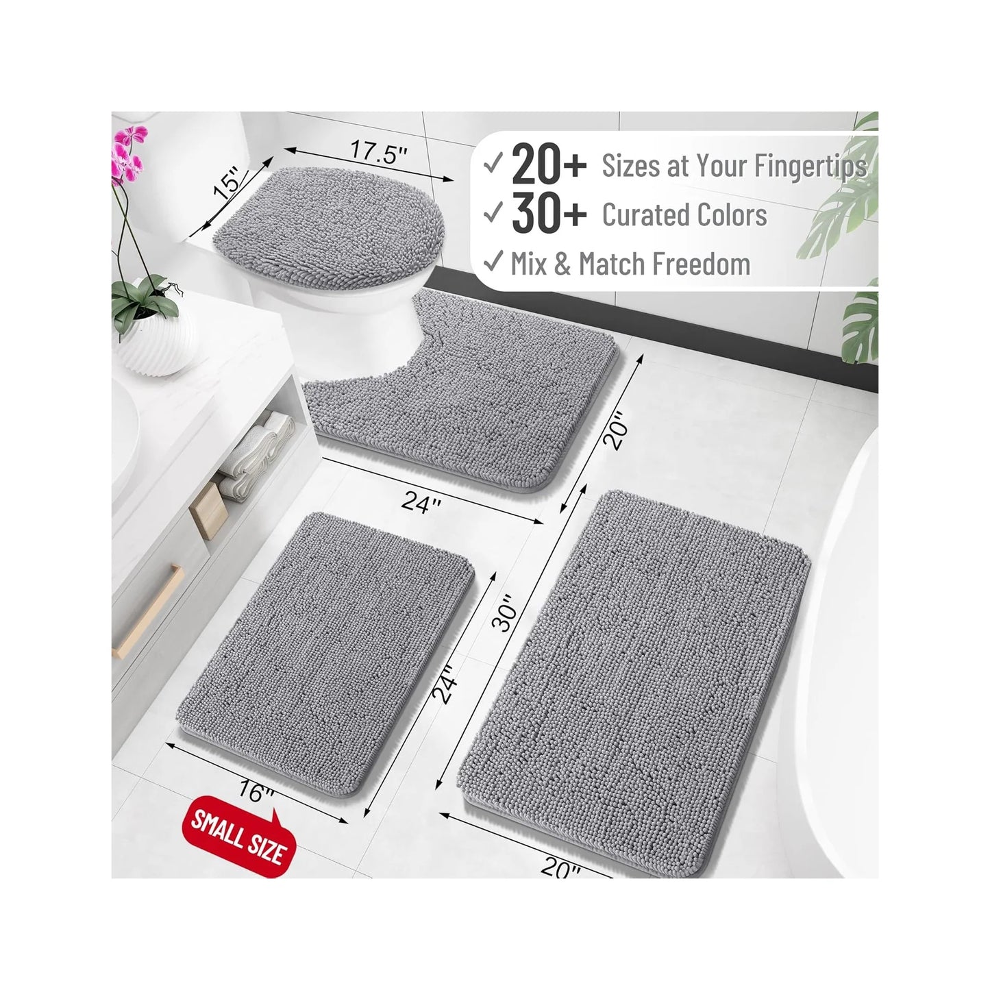 Bathroom Rugs 30X20, Extra Soft Absorbent Chenille Bath Rugs, Rubber Backing Quick Dry, Machine Washable Bath Mats for Bathroom Floor, Tub and Shower, Home Decor Accessories, Grey