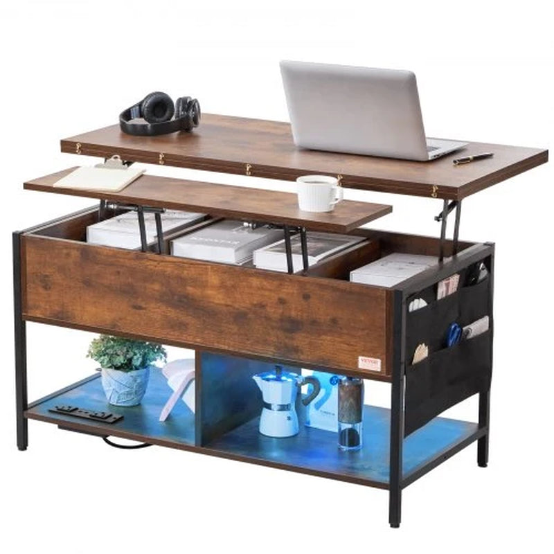 Lift Top Coffee Table, 39.4 in Rectangle Coffee Table with Extra Storage Pockets, Flipable Coffee Table with Power Strip & USB & Ambient Lighting for Living Room, Brown