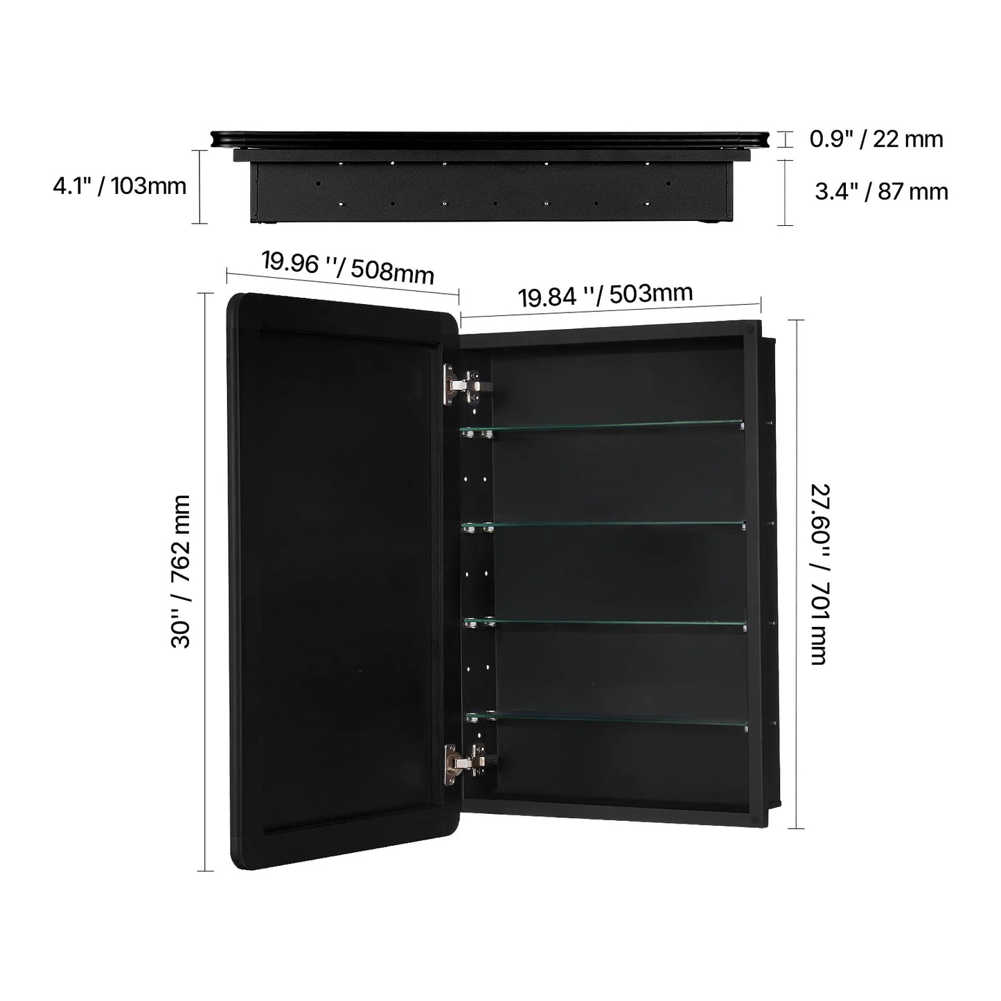 Medicine Cabinet, 20 X 30 Inch, Medicine Cabinet for Bathroom with Mirror, Aluminum Frame Bathroom Wall Cabinet, 4-Layer Adjustable Shelves, Recessed & Wall-Mounted Installation
