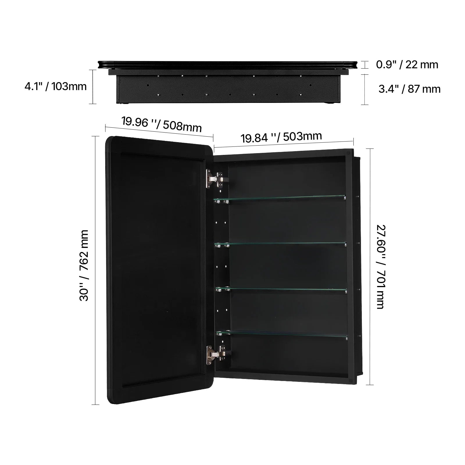 Medicine Cabinet, 20 X 30 Inch, Medicine Cabinet for Bathroom with Mirror, Aluminum Frame Bathroom Wall Cabinet, 4-Layer Adjustable Shelves, Recessed & Wall-Mounted Installation