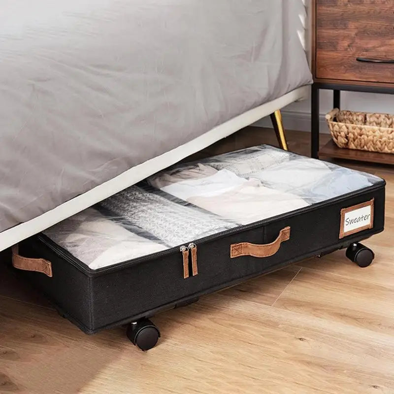 Large Underbed Storage Basket with Wheel Suitable for Toys Clothes Books Sundries Storage Box with Clear Lid Dorm Room Organizer