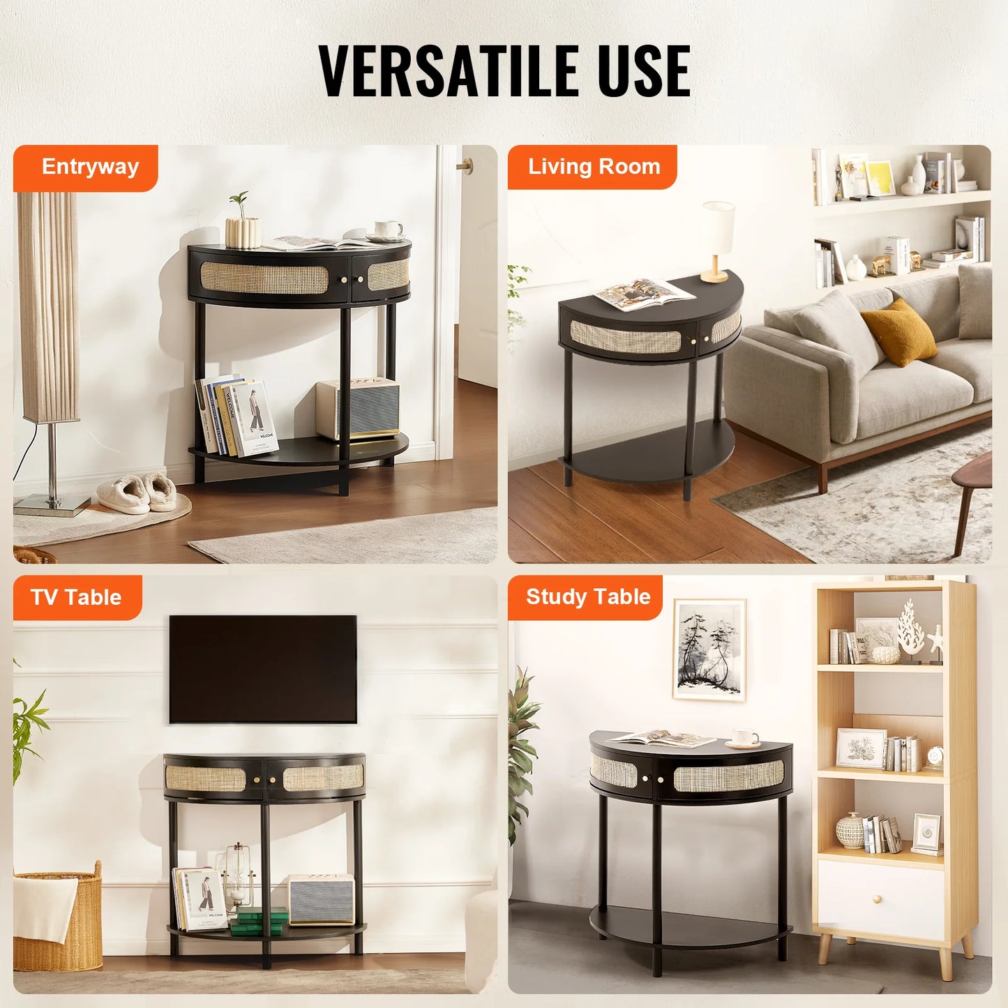 Half-Moon Rattan Console Table with 2 Drawers, Rattan Entryway Table with Natural Rattan Sliding Door, Console Table with Storage for Living Room, Study, Entryway or TV Wall, Black