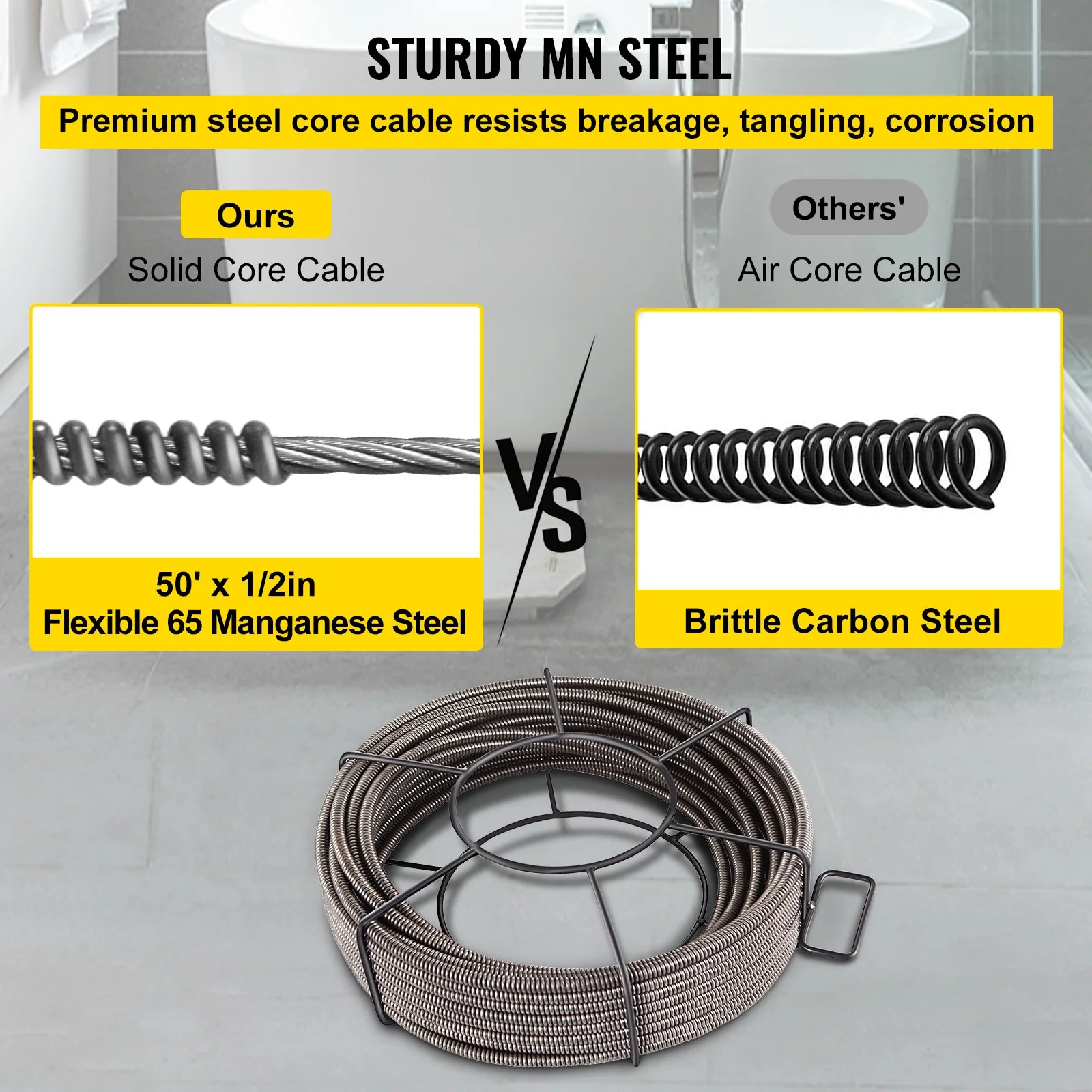 Drain Cleaning Cable 50 Feet X 1/2 Inch Solid Core Cable Sewer Cable Drain Auger Cable Cleaner Snake Clog Pipe Drain Cleaning Cable Sewer Drain Auger Snake Pipe