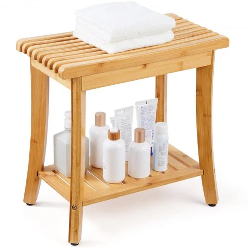 Bamboo Shower Bench, 19.1 X 11.3 X 18.3 In, Waterproof Shower Stool Chair with Storage Shelf, 330Lbs Load Capacity Spa Bath Seat Organizer, for Adults Seniors Women Elderly Indoor Outdoor
