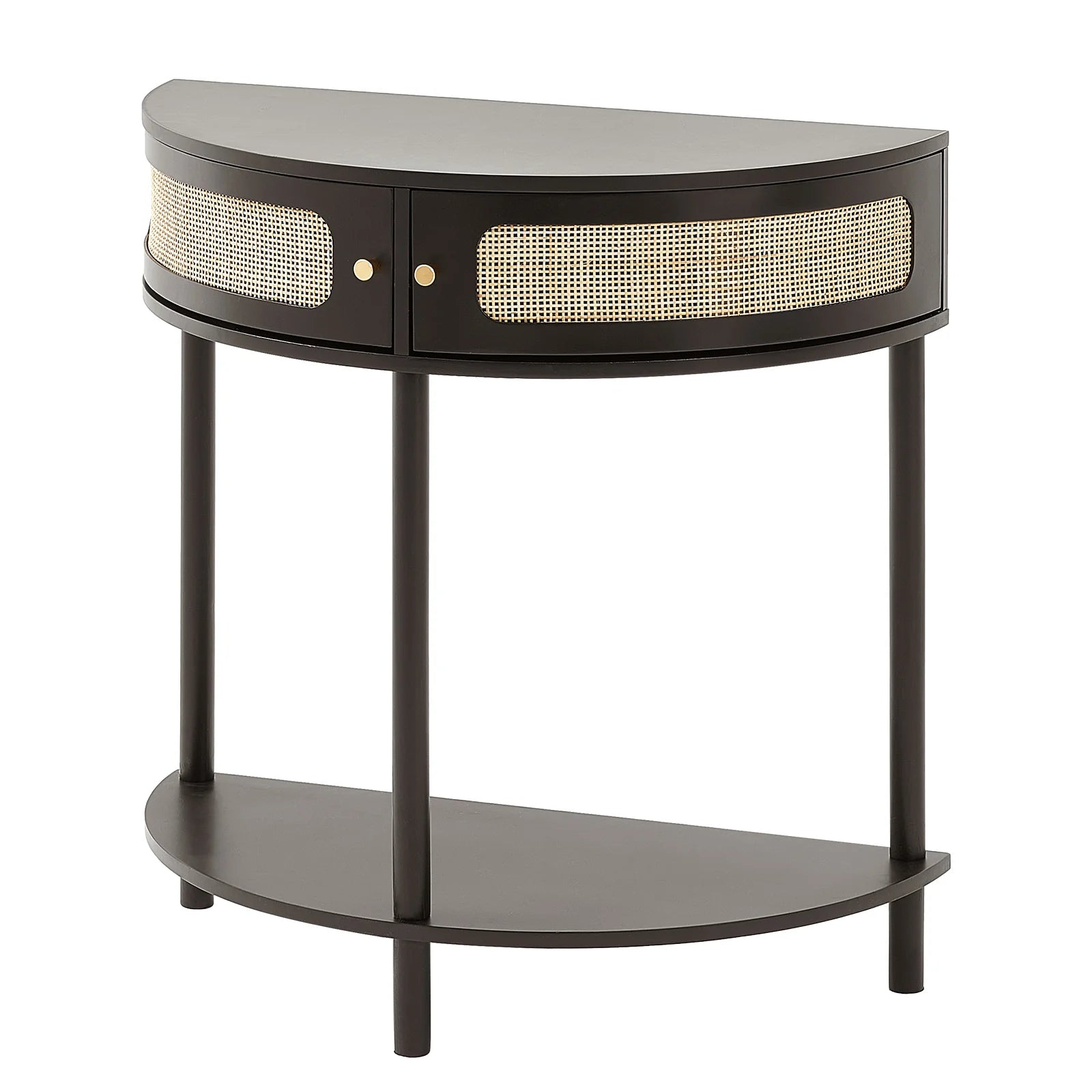 Half-Moon Rattan Console Table with 2 Drawers, Rattan Entryway Table with Natural Rattan Sliding Door, Console Table with Storage for Living Room, Study, Entryway or TV Wall, Black