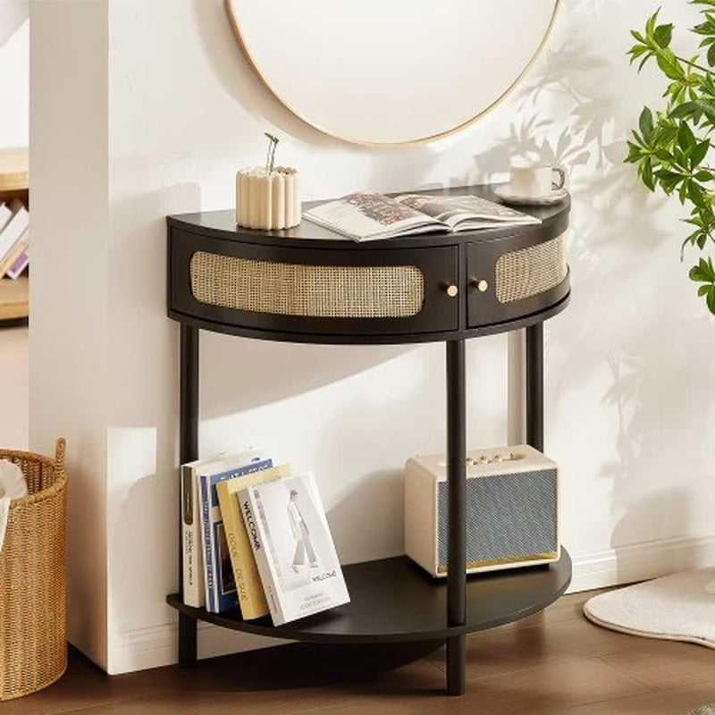 Half-Moon Rattan Console Table with 2 Drawers, Rattan Entryway Table with Natural Rattan Sliding Door, Console Table with Storage for Living Room, Study, Entryway or TV Wall, Black
