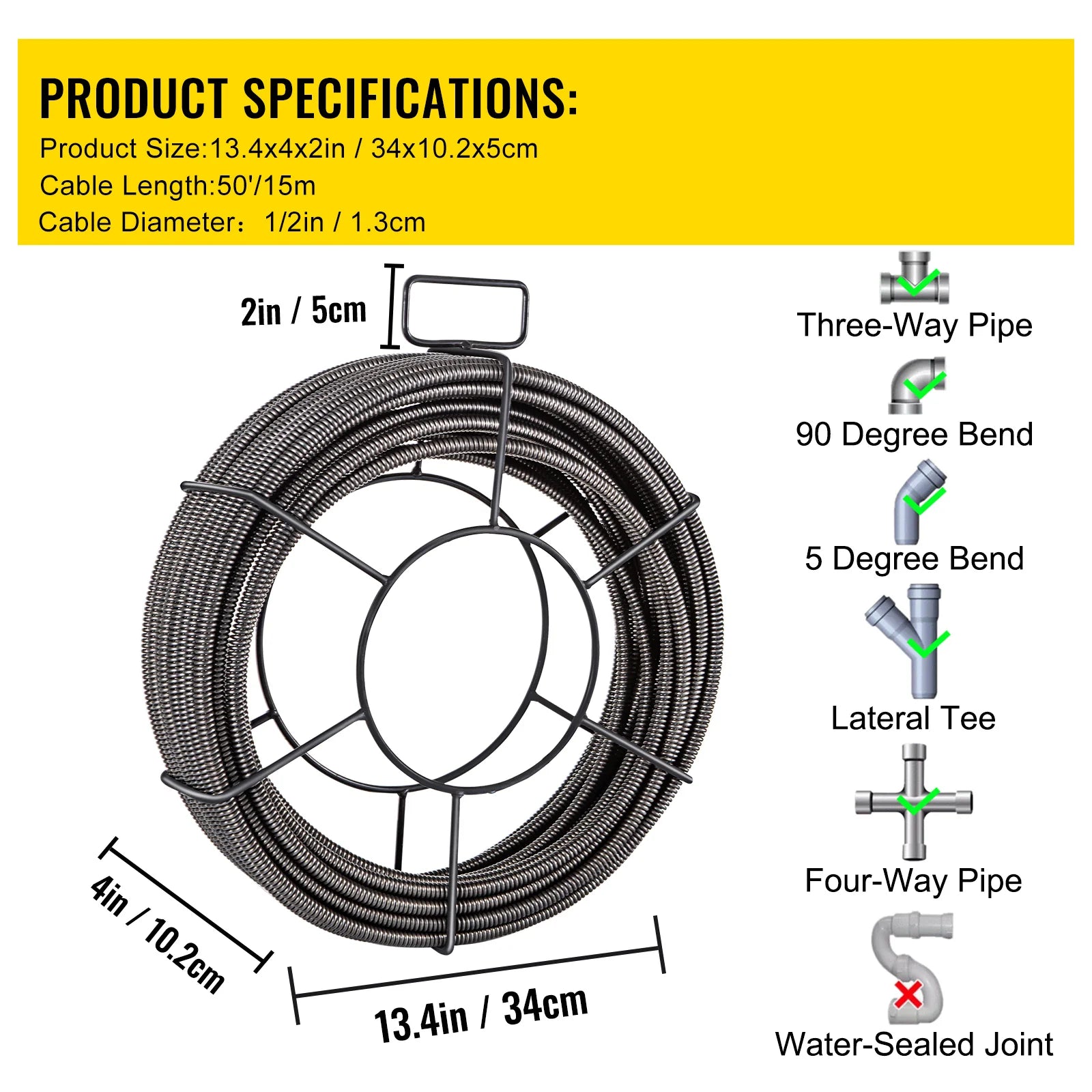 Drain Cleaning Cable 50 Feet X 1/2 Inch Solid Core Cable Sewer Cable Drain Auger Cable Cleaner Snake Clog Pipe Drain Cleaning Cable Sewer Drain Auger Snake Pipe
