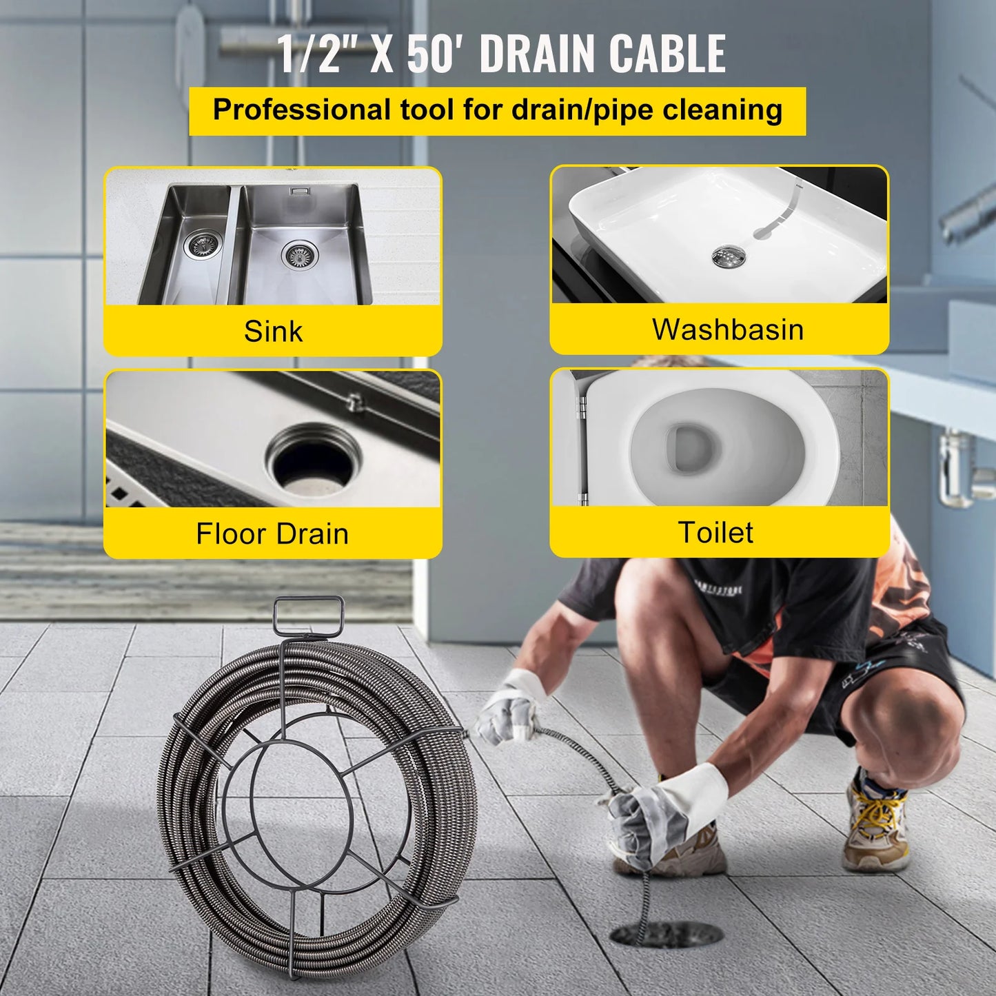 Drain Cleaning Cable 50 Feet X 1/2 Inch Solid Core Cable Sewer Cable Drain Auger Cable Cleaner Snake Clog Pipe Drain Cleaning Cable Sewer Drain Auger Snake Pipe