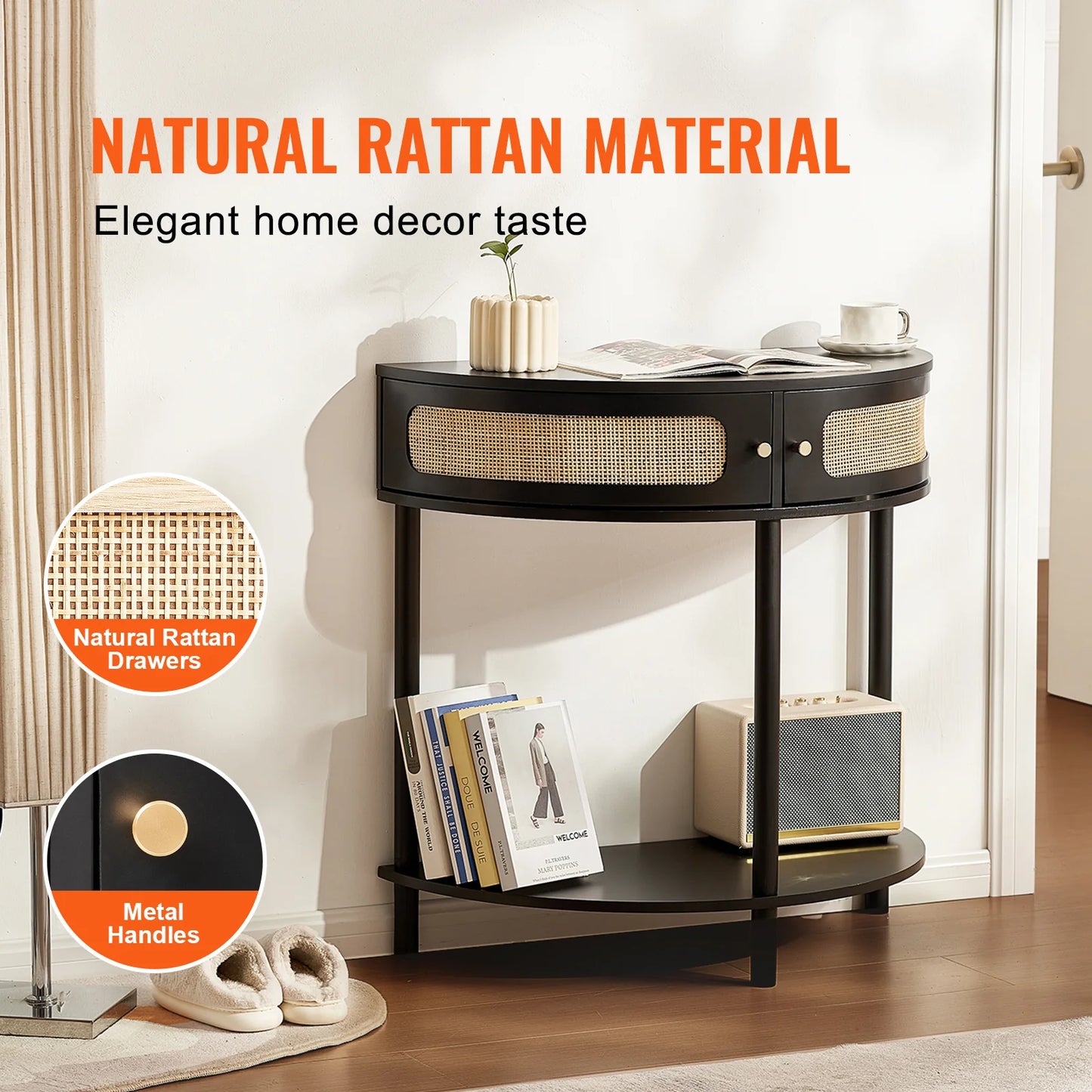 Half-Moon Rattan Console Table with 2 Drawers, Rattan Entryway Table with Natural Rattan Sliding Door, Console Table with Storage for Living Room, Study, Entryway or TV Wall, Black