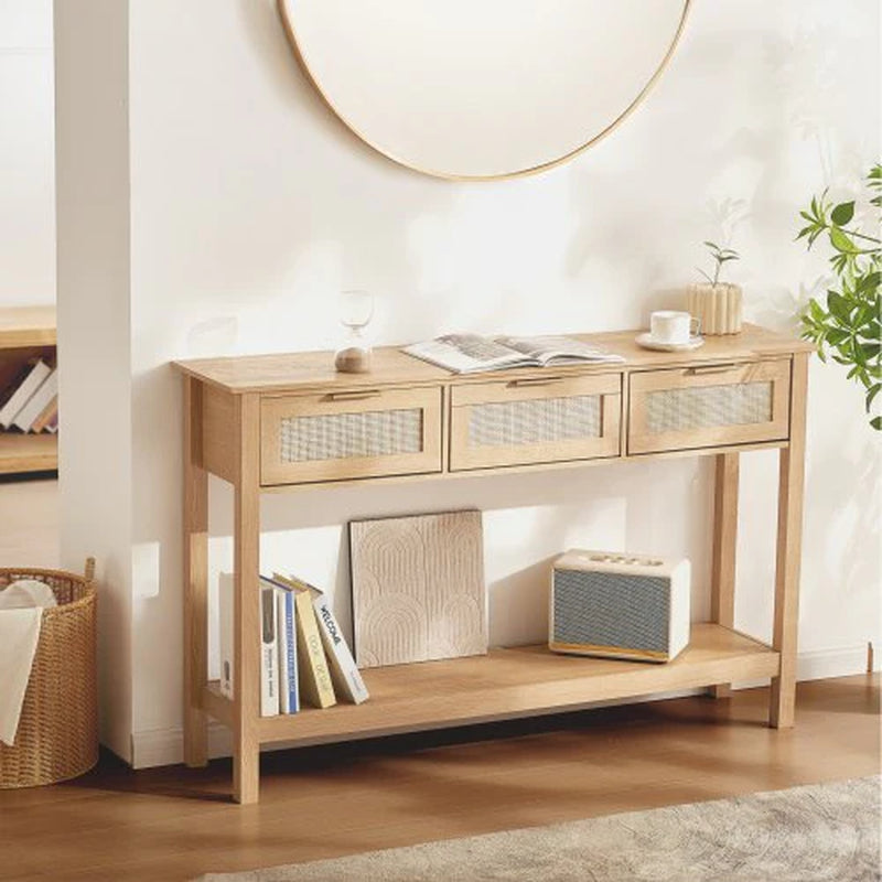 Rattan Console Table with 3 Storage Drawers, Rattan Entryway Table with Natural Rattan Sliding Door, Console Sofa Table for Living Room, Study, Entryway or TV Wall, Natural