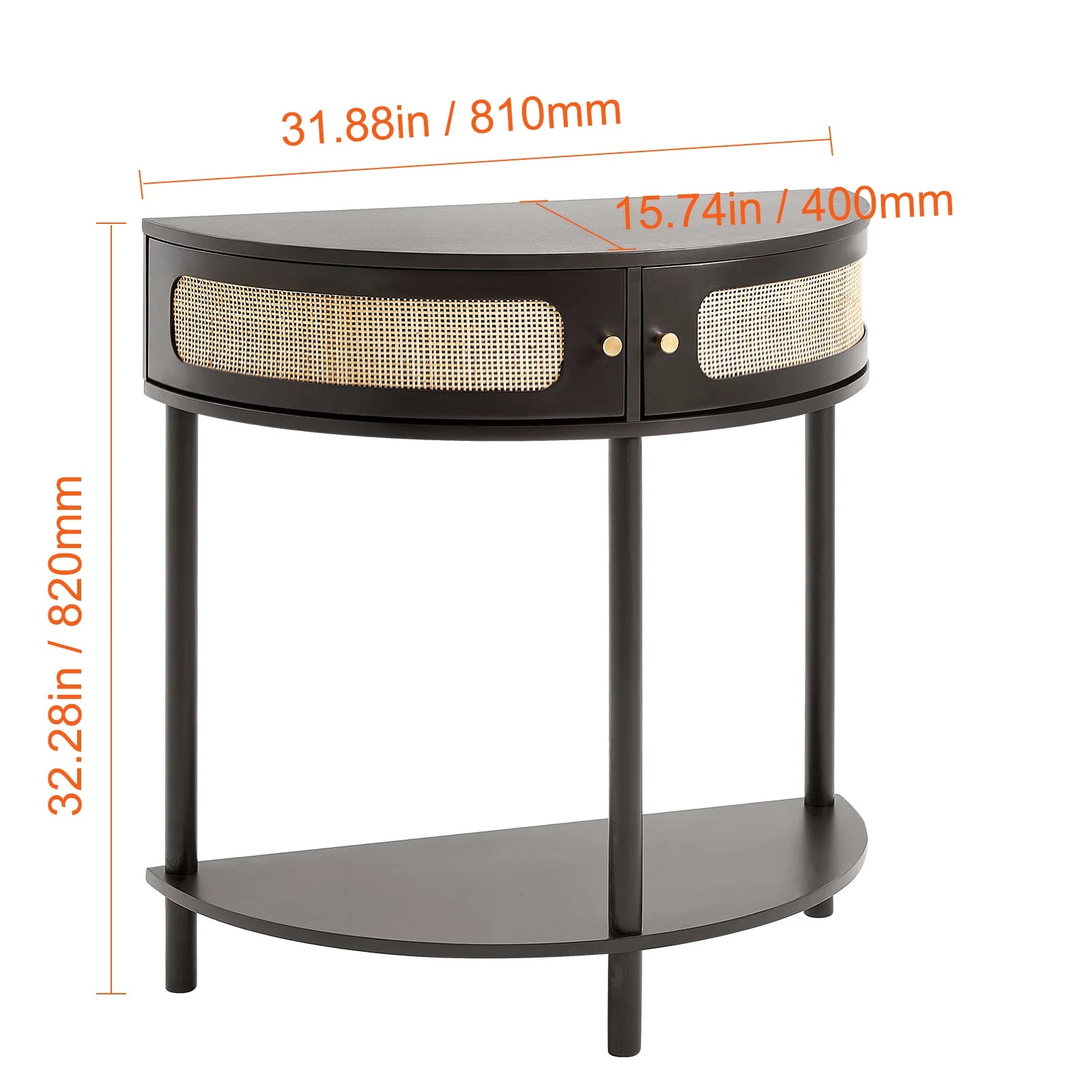 Half-Moon Rattan Console Table with 2 Drawers, Rattan Entryway Table with Natural Rattan Sliding Door, Console Table with Storage for Living Room, Study, Entryway or TV Wall, Black