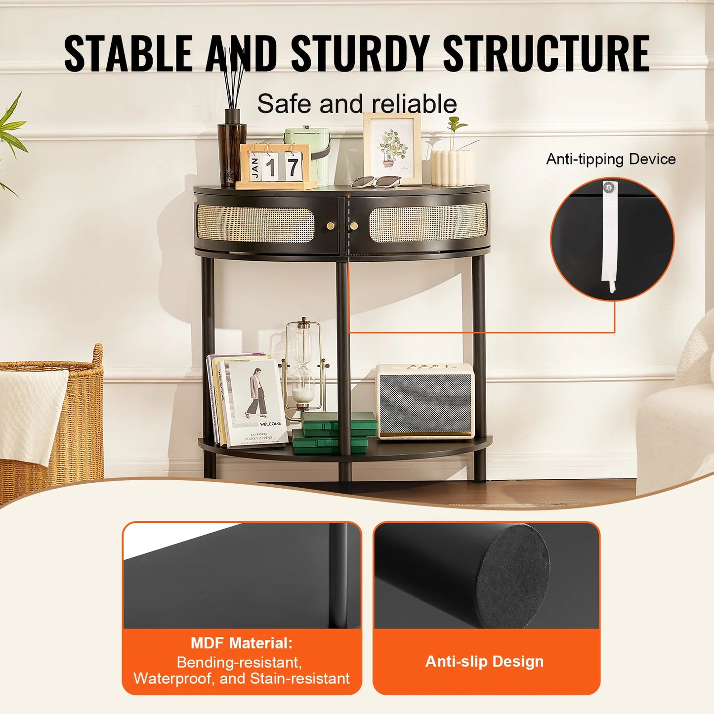 Half-Moon Rattan Console Table with 2 Drawers, Rattan Entryway Table with Natural Rattan Sliding Door, Console Table with Storage for Living Room, Study, Entryway or TV Wall, Black