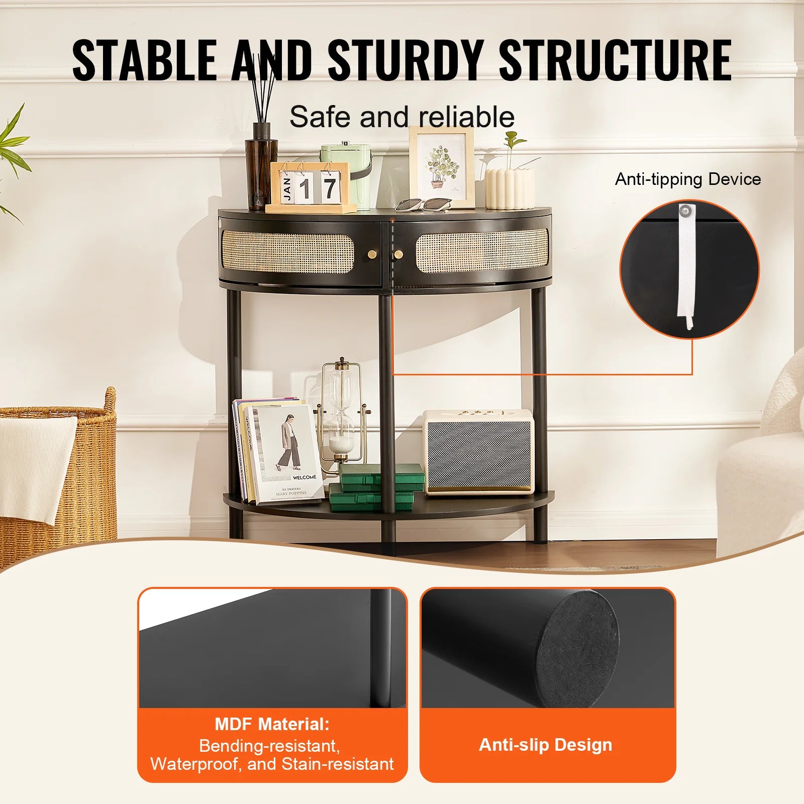 Half-Moon Rattan Console Table with 2 Drawers, Rattan Entryway Table with Natural Rattan Sliding Door, Console Table with Storage for Living Room, Study, Entryway or TV Wall, Black