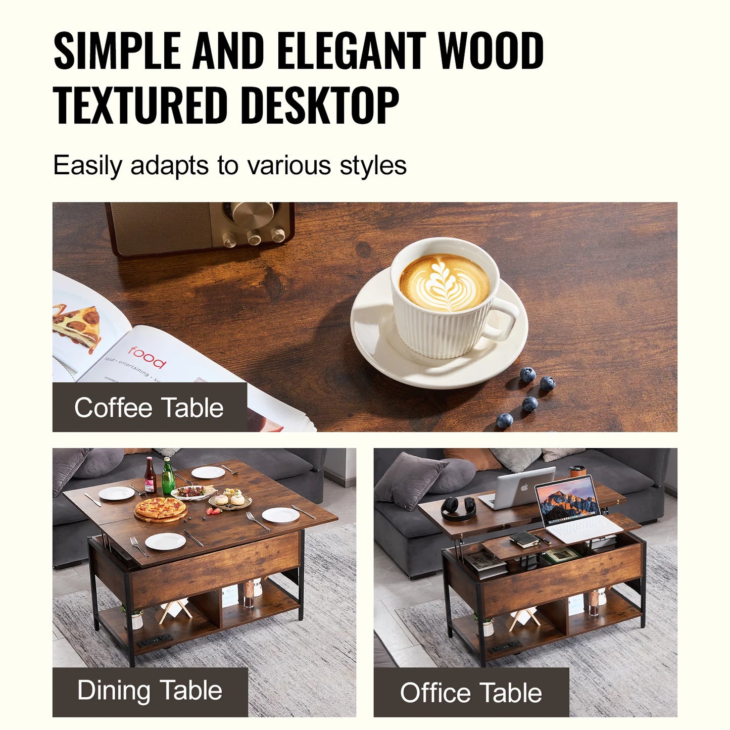 Lift Top Coffee Table, 39.4 in Rectangle Coffee Table with Extra Storage Pockets, Flipable Coffee Table with Power Strip & USB & Ambient Lighting for Living Room, Brown
