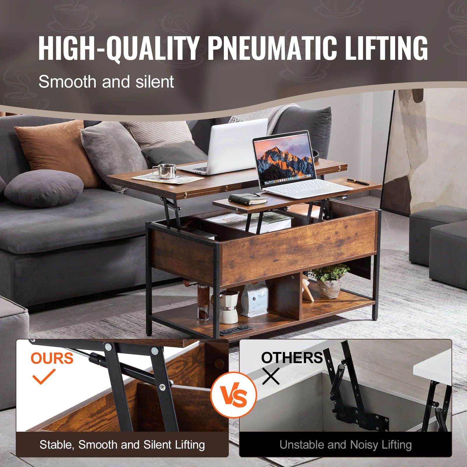 Lift Top Coffee Table, 39.4 in Rectangle Coffee Table with Extra Storage Pockets, Flipable Coffee Table with Power Strip & USB & Ambient Lighting for Living Room, Brown