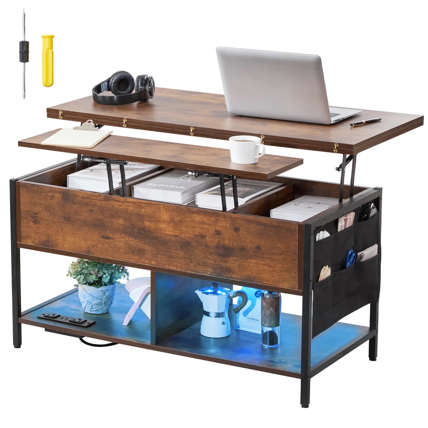 Lift Top Coffee Table, 39.4 in Rectangle Coffee Table with Extra Storage Pockets, Flipable Coffee Table with Power Strip & USB & Ambient Lighting for Living Room, Brown