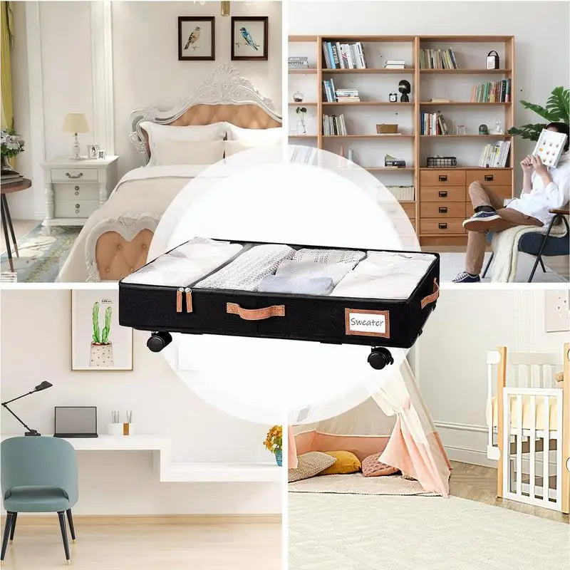 Large Underbed Storage Basket with Wheel Suitable for Toys Clothes Books Sundries Storage Box with Clear Lid Dorm Room Organizer