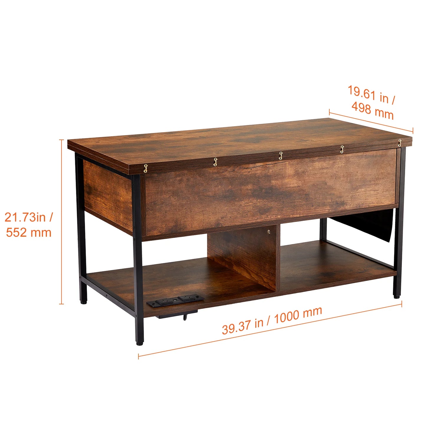Lift Top Coffee Table, 39.4 in Rectangle Coffee Table with Extra Storage Pockets, Flipable Coffee Table with Power Strip & USB & Ambient Lighting for Living Room, Brown