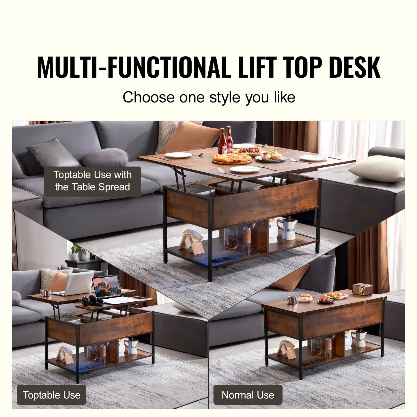 Lift Top Coffee Table, 39.4 in Rectangle Coffee Table with Extra Storage Pockets, Flipable Coffee Table with Power Strip & USB & Ambient Lighting for Living Room, Brown