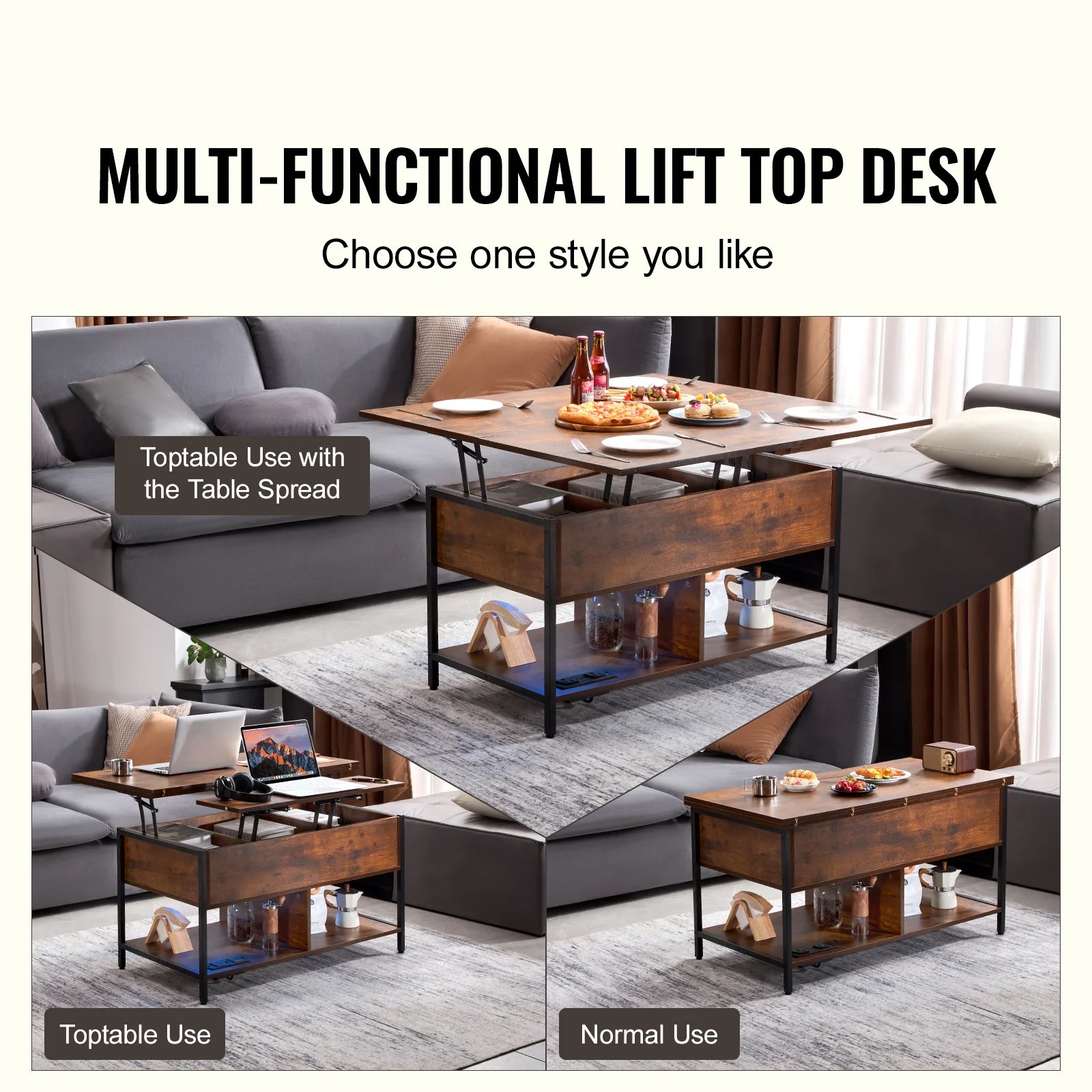 Lift Top Coffee Table, 39.4 in Rectangle Coffee Table with Extra Storage Pockets, Flipable Coffee Table with Power Strip & USB & Ambient Lighting for Living Room, Brown