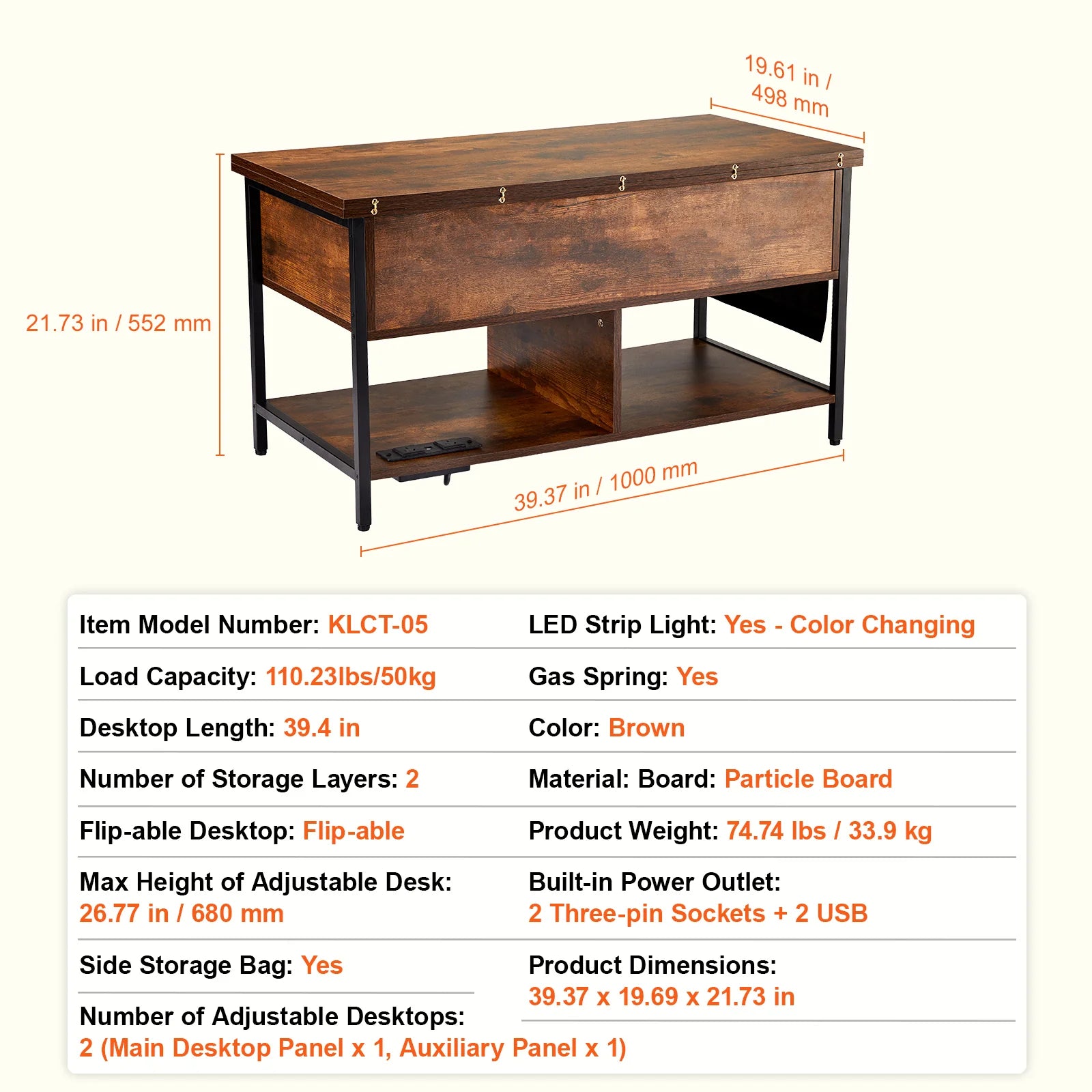 Lift Top Coffee Table, 39.4 in Rectangle Coffee Table with Extra Storage Pockets, Flipable Coffee Table with Power Strip & USB & Ambient Lighting for Living Room, Brown