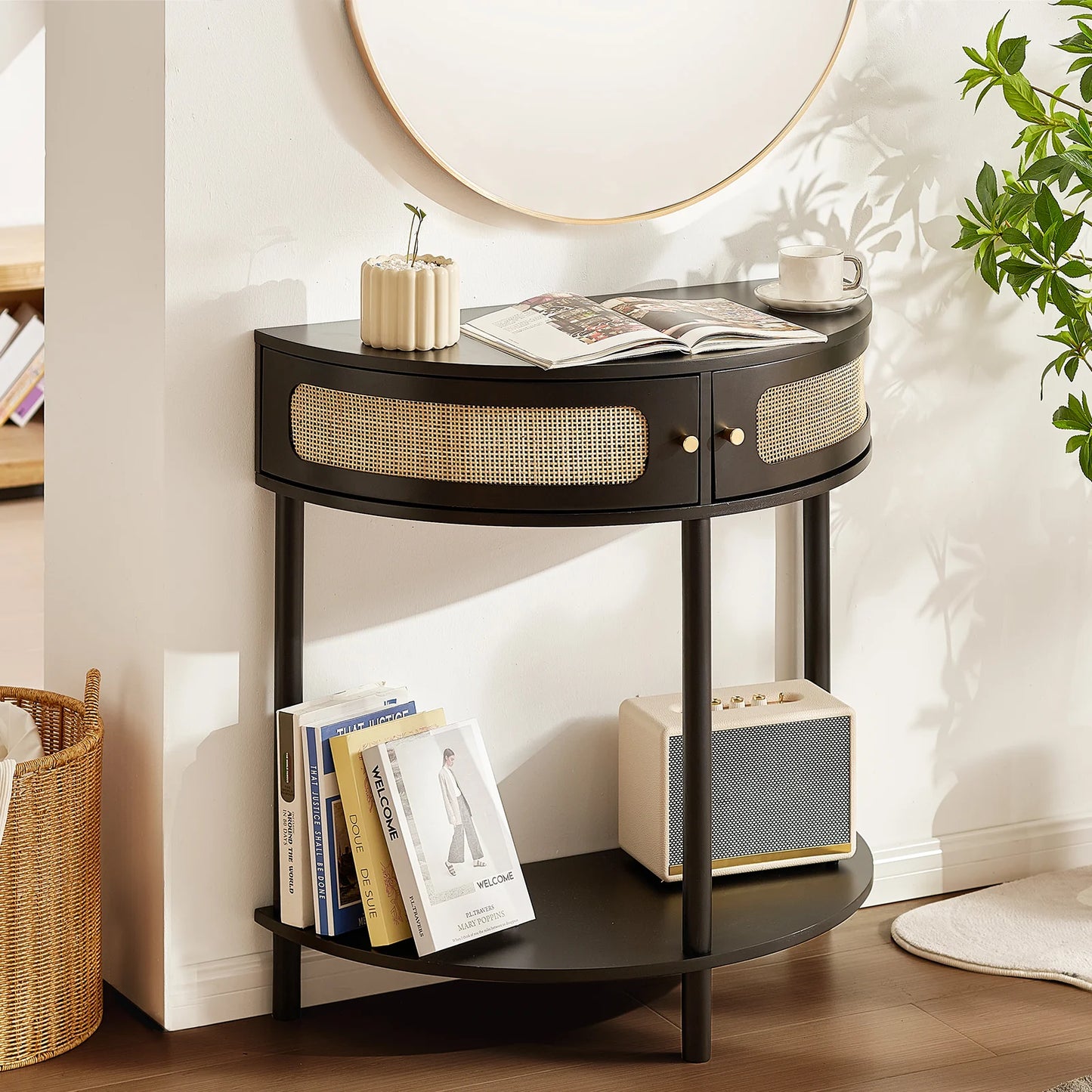 Half-Moon Rattan Console Table with 2 Drawers, Rattan Entryway Table with Natural Rattan Sliding Door, Console Table with Storage for Living Room, Study, Entryway or TV Wall, Black